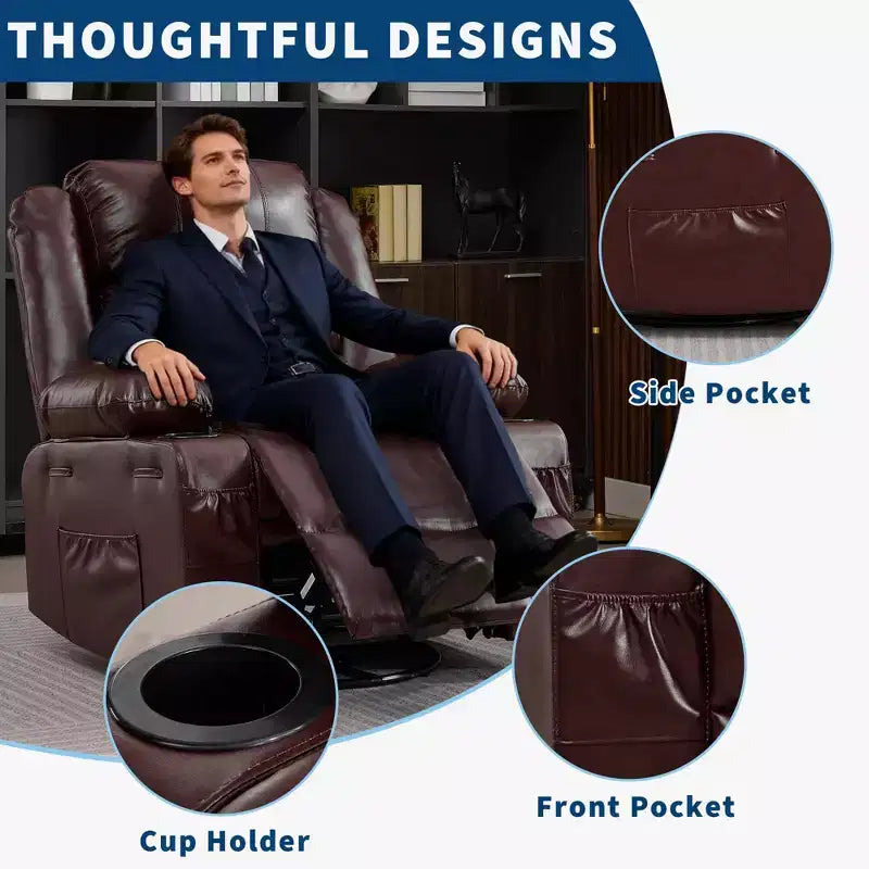 360 Swivel Rocker Recliner Chair for Adults, Wide PU Leather Nursery Glider with Cup Holder, Comfy Deep Seat Single Sofa for Living Room