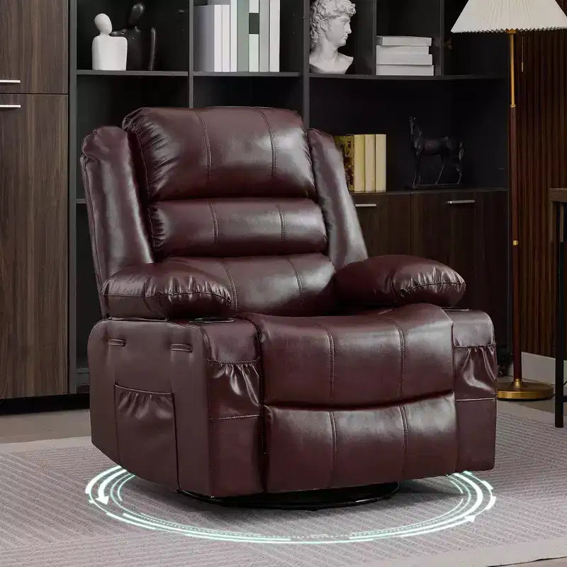 360 Swivel Rocker Recliner Chair for Adults, Wide PU Leather Nursery Glider with Cup Holder, Comfy Deep Seat Single Sofa for Living Room