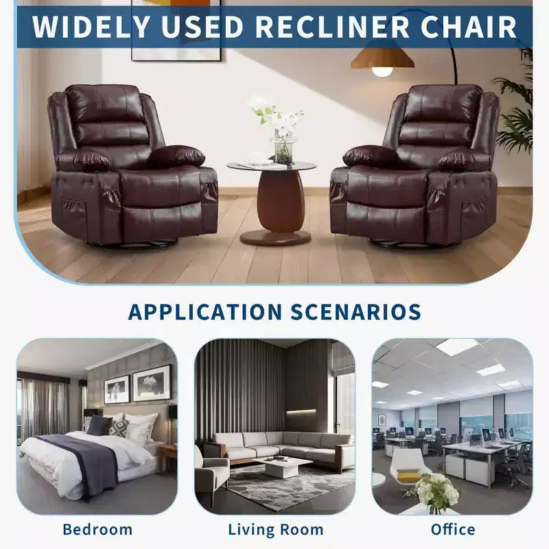 360 Swivel Rocker Recliner Chair for Adults, Wide PU Leather Nursery Glider with Cup Holder, Comfy Deep Seat Single Sofa for Living Room