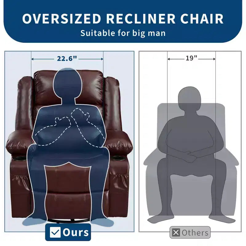360 Swivel Rocker Recliner Chair for Adults, Wide PU Leather Nursery Glider with Cup Holder, Comfy Deep Seat Single Sofa for Living Room