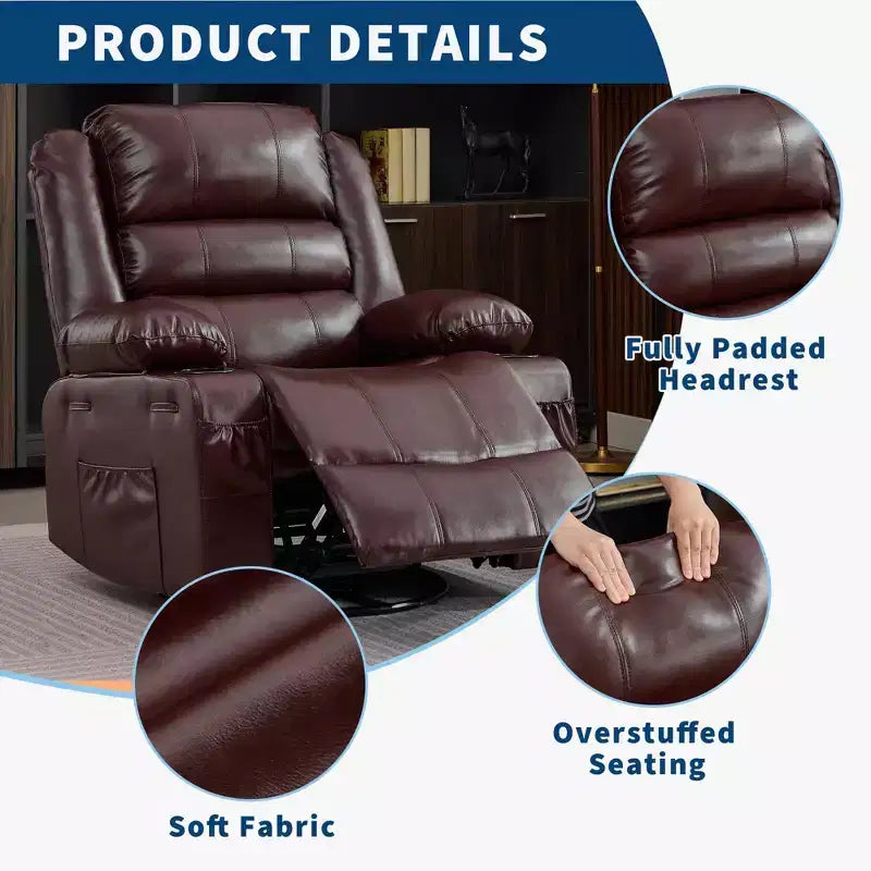 360 Swivel Rocker Recliner Chair for Adults, Wide PU Leather Nursery Glider with Cup Holder, Comfy Deep Seat Single Sofa for Living Room