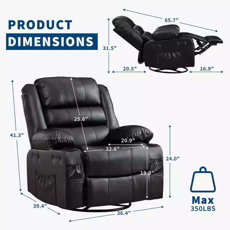 360 Swivel Rocker Recliner Chair for Adults, Wide PU Leather Nursery Glider with Cup Holder, Comfy Deep Seat Single Sofa for Living Room