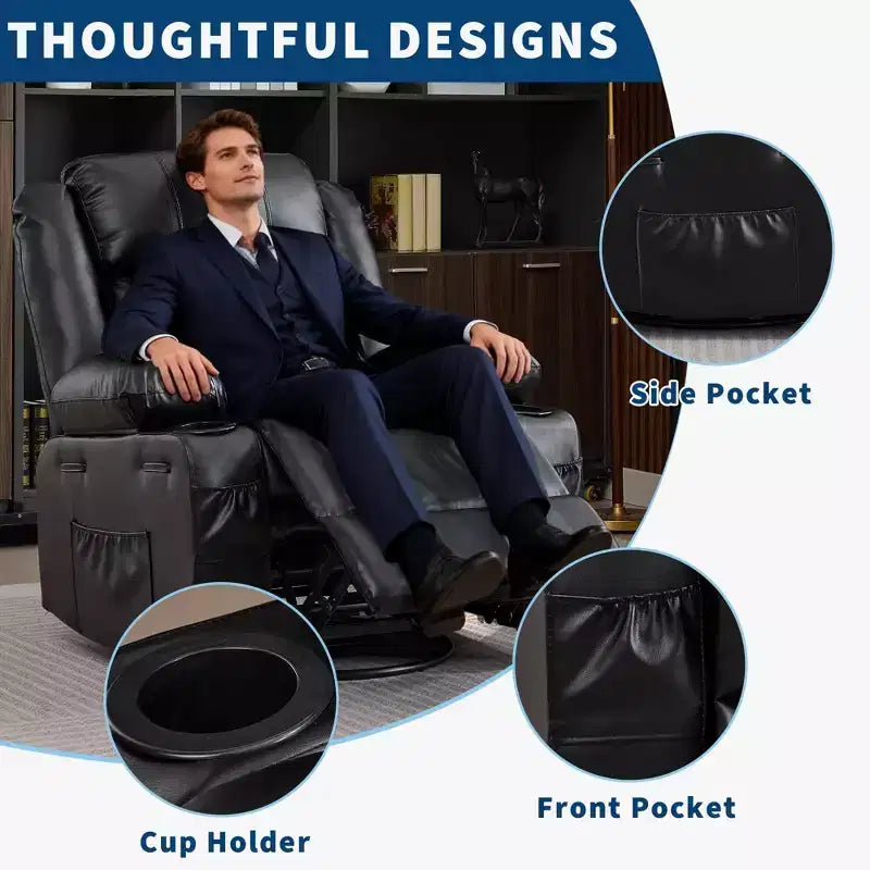 360 Swivel Rocker Recliner Chair for Adults, Wide PU Leather Nursery Glider with Cup Holder, Comfy Deep Seat Single Sofa for Living Room