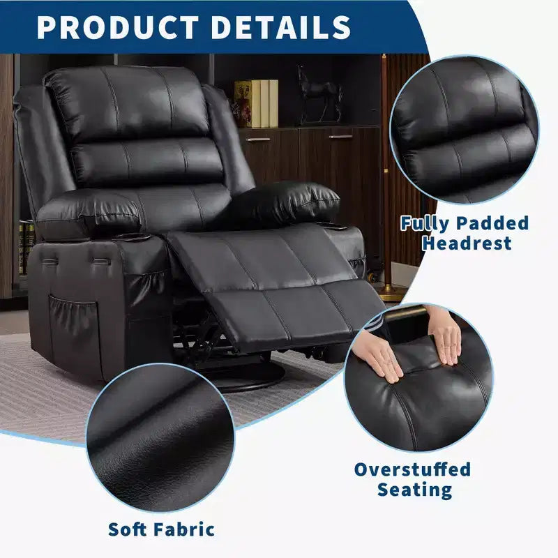 360 Swivel Rocker Recliner Chair for Adults, Wide PU Leather Nursery Glider with Cup Holder, Comfy Deep Seat Single Sofa for Living Room
