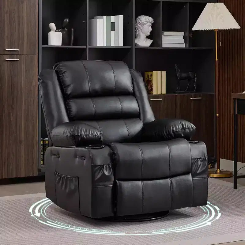 360 Swivel Rocker Recliner Chair for Adults, Wide PU Leather Nursery Glider with Cup Holder, Comfy Deep Seat Single Sofa for Living Room