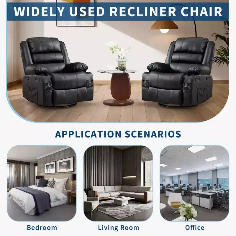 360 Swivel Rocker Recliner Chair for Adults, Wide PU Leather Nursery Glider with Cup Holder, Comfy Deep Seat Single Sofa for Living Room