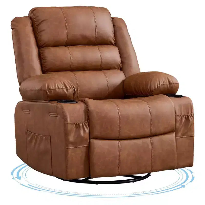 Sillón reclinable giratorio 360° para adultos, mecedora planeadora ancha de cuero PU para guardería con portavasos, sofá individual cómodo y profundo para sala de estar