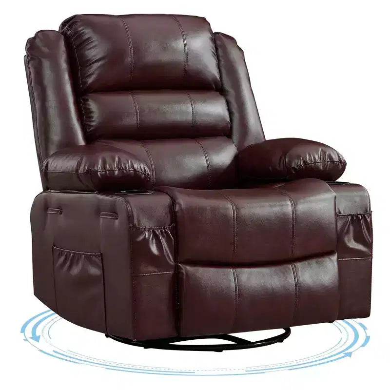 Sillón reclinable giratorio 360° para adultos, mecedora planeadora ancha de cuero PU para guardería con portavasos, sofá individual cómodo y profundo para sala de estar