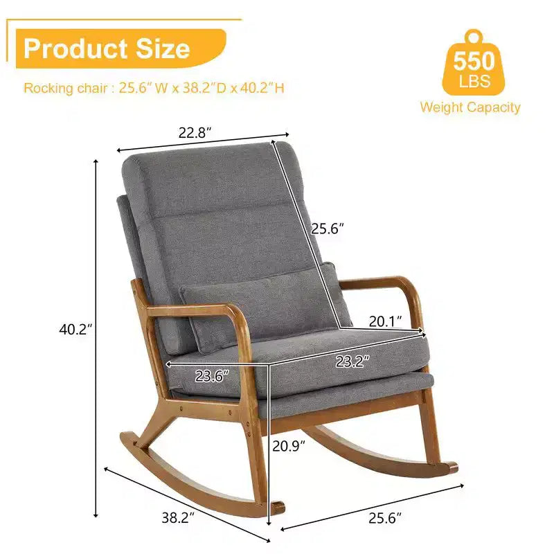 Mecedora tapizada gris, balancines de madera maciza, capacidad 136 kg