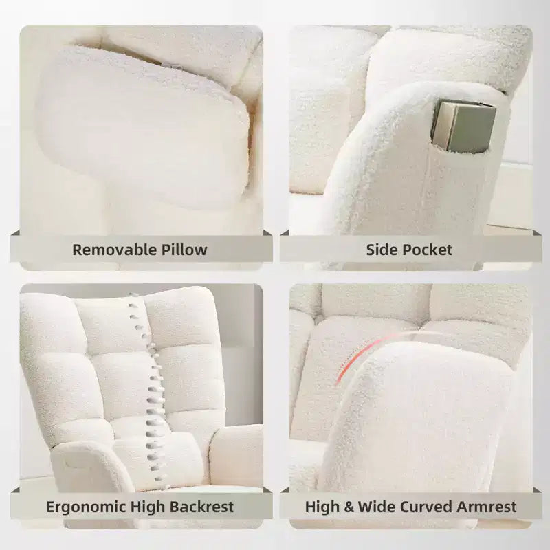 Nursery Rocking Chair with Ottoman, Teddy Upholstered Glider Rocking Chair with High Backrest, Armchair Reading Chair for Adults