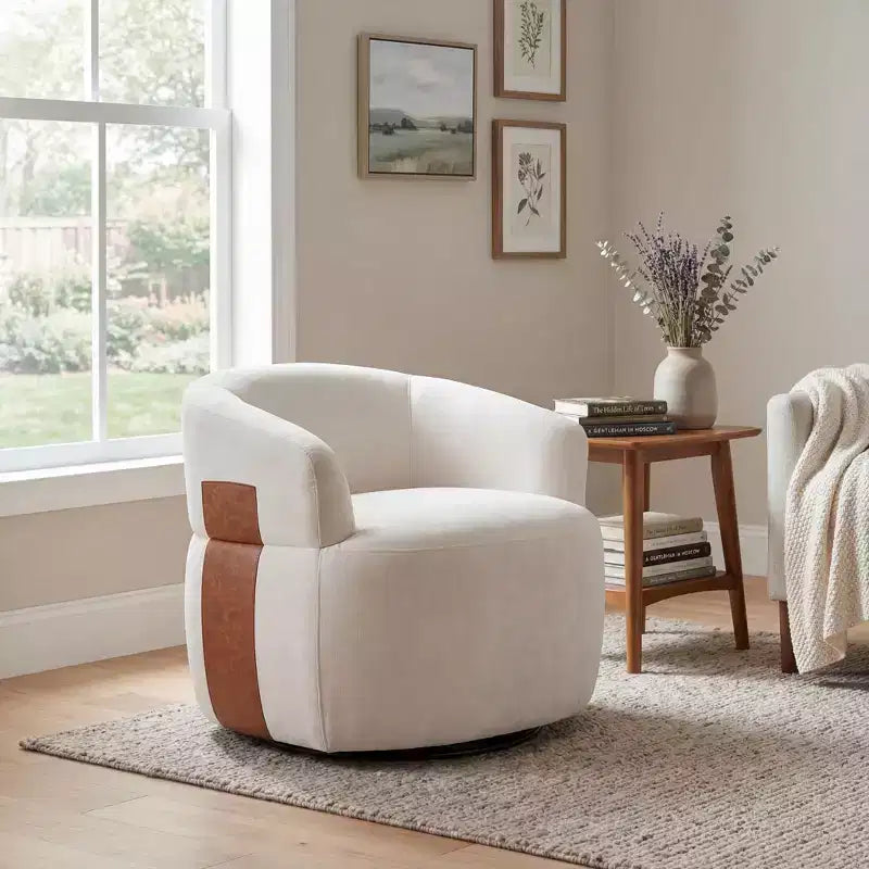 Sillón giratorio moderno, diseño de barril, estructura de madera y patas de metal
