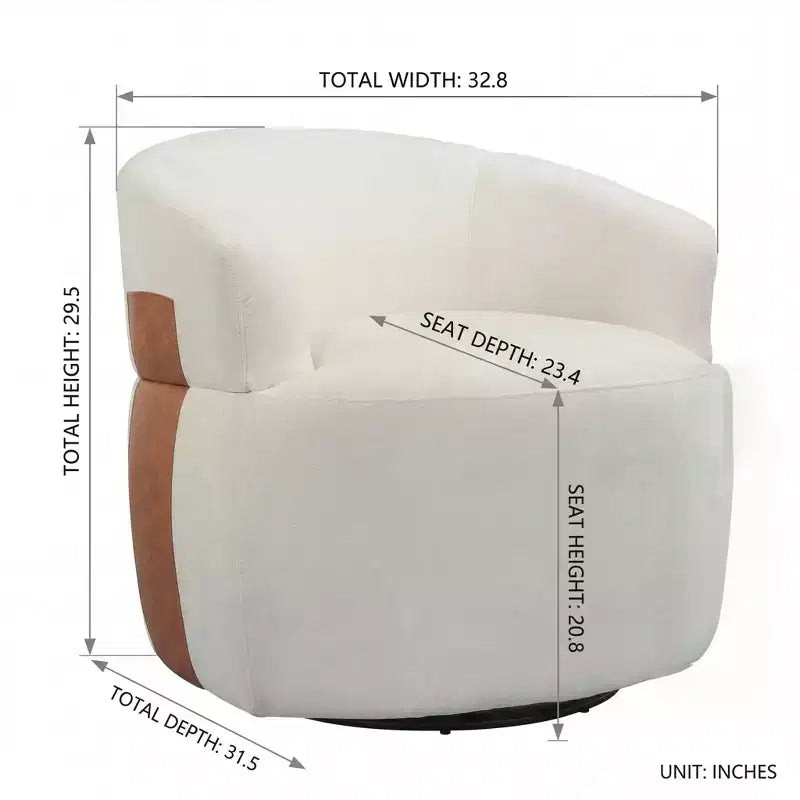 Sillón giratorio moderno, diseño de barril, estructura de madera y patas de metal