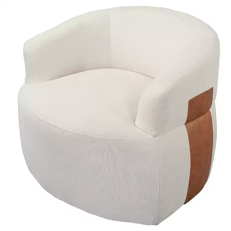 Sillón giratorio moderno, diseño de barril, estructura de madera y patas de metal