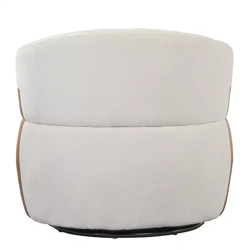 Sillón giratorio moderno, diseño de barril, estructura de madera y patas de metal