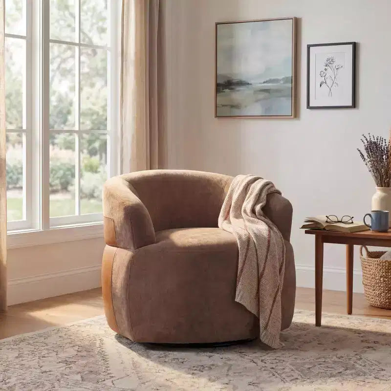 Sillón giratorio moderno, diseño de barril, estructura de madera y patas de metal