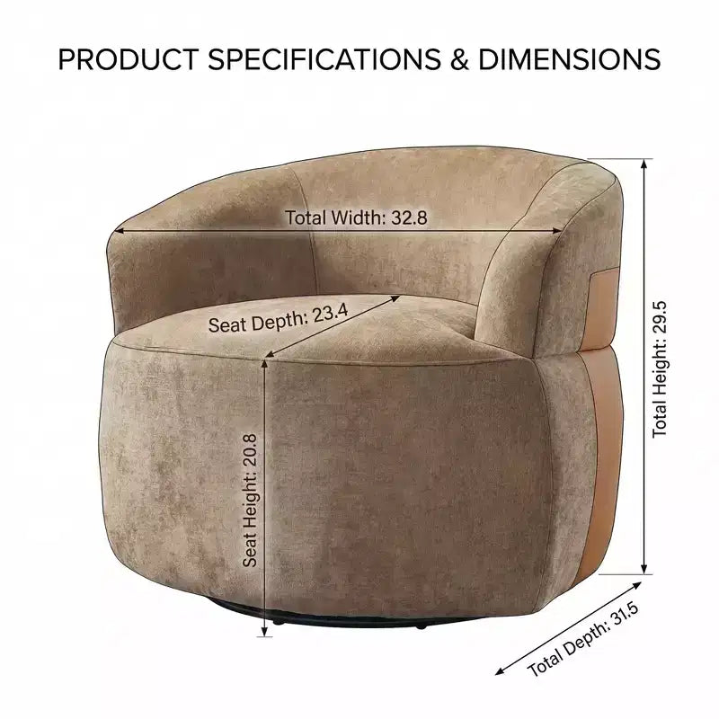 Sillón giratorio moderno, diseño de barril, estructura de madera y patas de metal