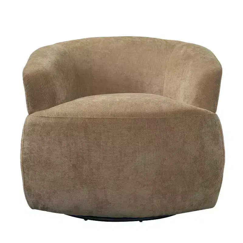 Sillón giratorio moderno, diseño de barril, estructura de madera y patas de metal