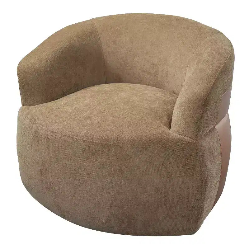 Sillón giratorio moderno, diseño de barril, estructura de madera y patas de metal