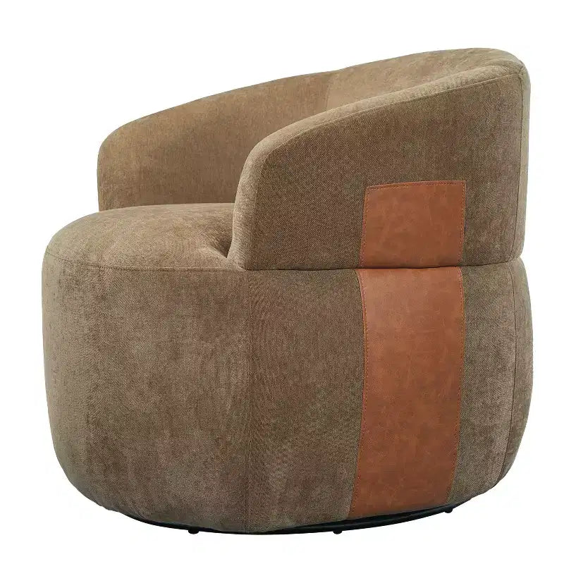 Sillón giratorio moderno, diseño de barril, estructura de madera y patas de metal
