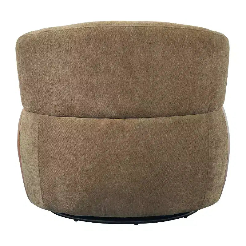 Sillón giratorio moderno, diseño de barril, estructura de madera y patas de metal