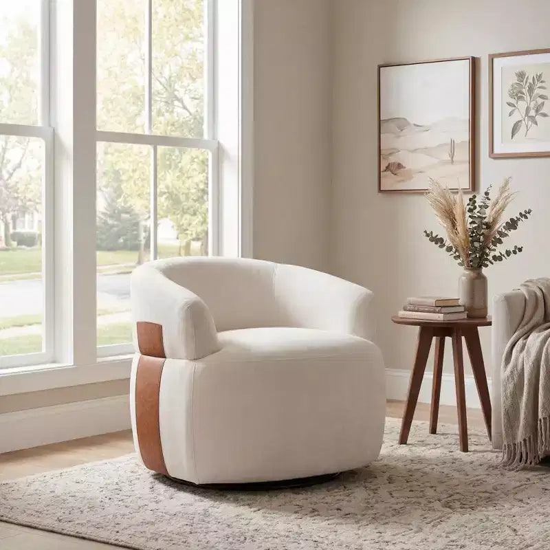 Sillón giratorio moderno, diseño de barril, estructura de madera y patas de metal