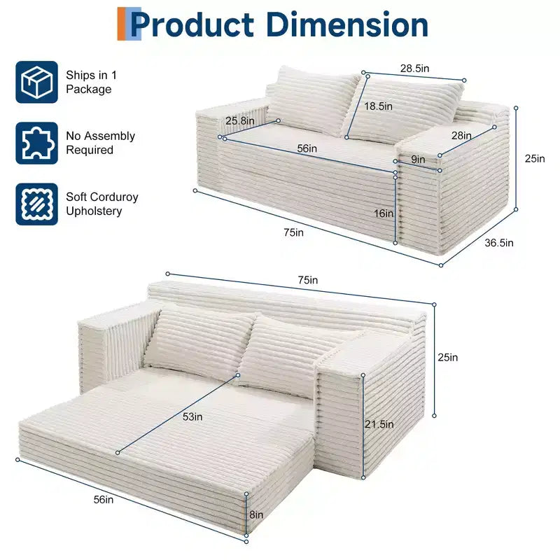 75 Inch Loveseat Sleeper Sofa, Convertible Futon Couch Bed with 2 Pillows, Boneless Pull Out Sofa for Living Room Bedroom, No Assembly