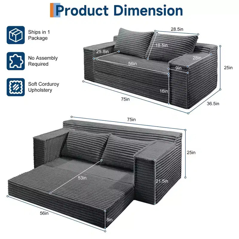 75 Inch Loveseat Sleeper Sofa, Convertible Futon Couch Bed with 2 Pillows, Boneless Pull Out Sofa for Living Room Bedroom, No Assembly