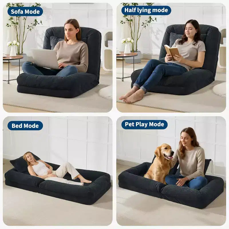 Convertible Human Dog Bed, Lazy Sofa Bed with Adjustable Backrest 5 Positions, Bean Bag Lounge Chair, Large Pet Bed with Metal Frame, for Living Room
