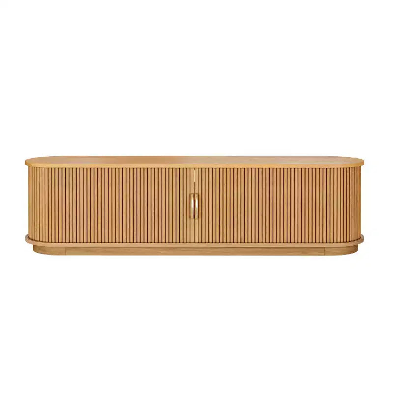 Mueble de TV Rústico Vintage con Puertas Correderas de Lamas de Madera, Consola Multimedia Acanalada de Granja de 75" con Cajón (Veta de Madera Natural)