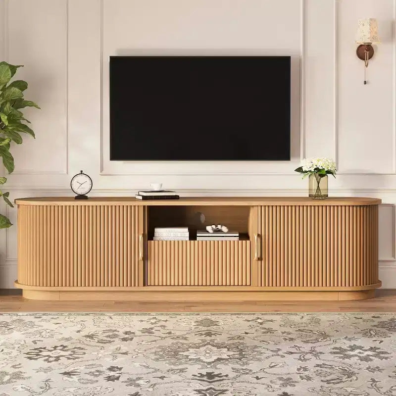 Mueble de TV Rústico Vintage con Puertas Correderas de Lamas de Madera, Consola Multimedia Acanalada de Granja de 75" con Cajón (Veta de Madera Natural)
