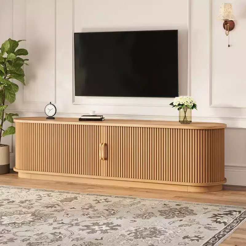 Mueble de TV Rústico Vintage con Puertas Correderas de Lamas de Madera, Consola Multimedia Acanalada de Granja de 75" con Cajón (Veta de Madera Natural)