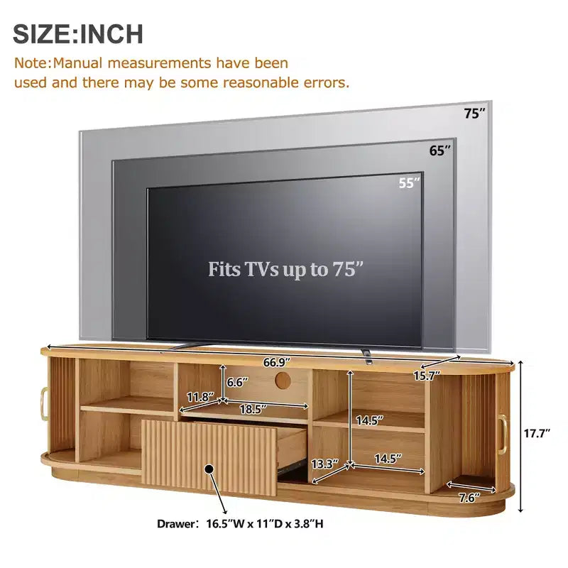 Mueble de TV Rústico Vintage con Puertas Correderas de Lamas de Madera, Consola Multimedia Acanalada de Granja de 75" con Cajón (Veta de Madera Natural)
