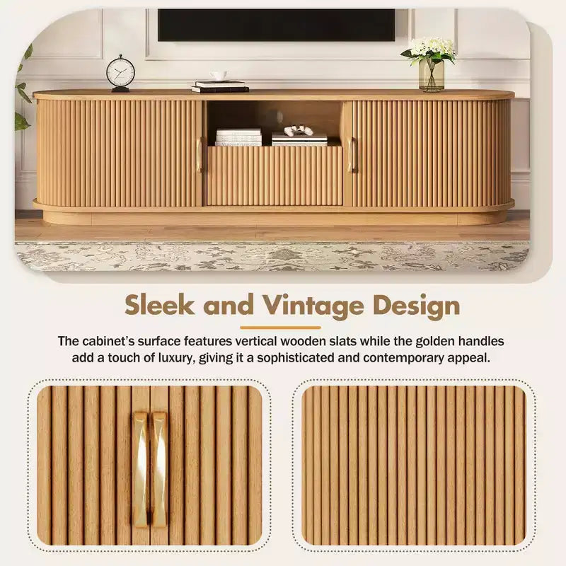 Mueble de TV Rústico Vintage con Puertas Correderas de Lamas de Madera, Consola Multimedia Acanalada de Granja de 75" con Cajón (Veta de Madera Natural)