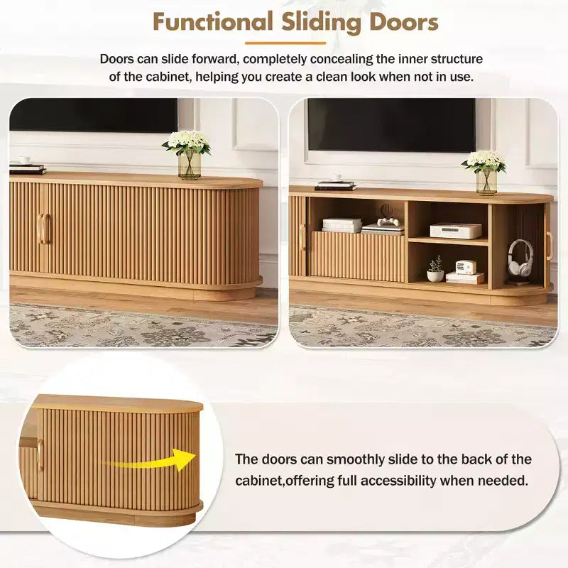 Mueble de TV Rústico Vintage con Puertas Correderas de Lamas de Madera, Consola Multimedia Acanalada de Granja de 75" con Cajón (Veta de Madera Natural)