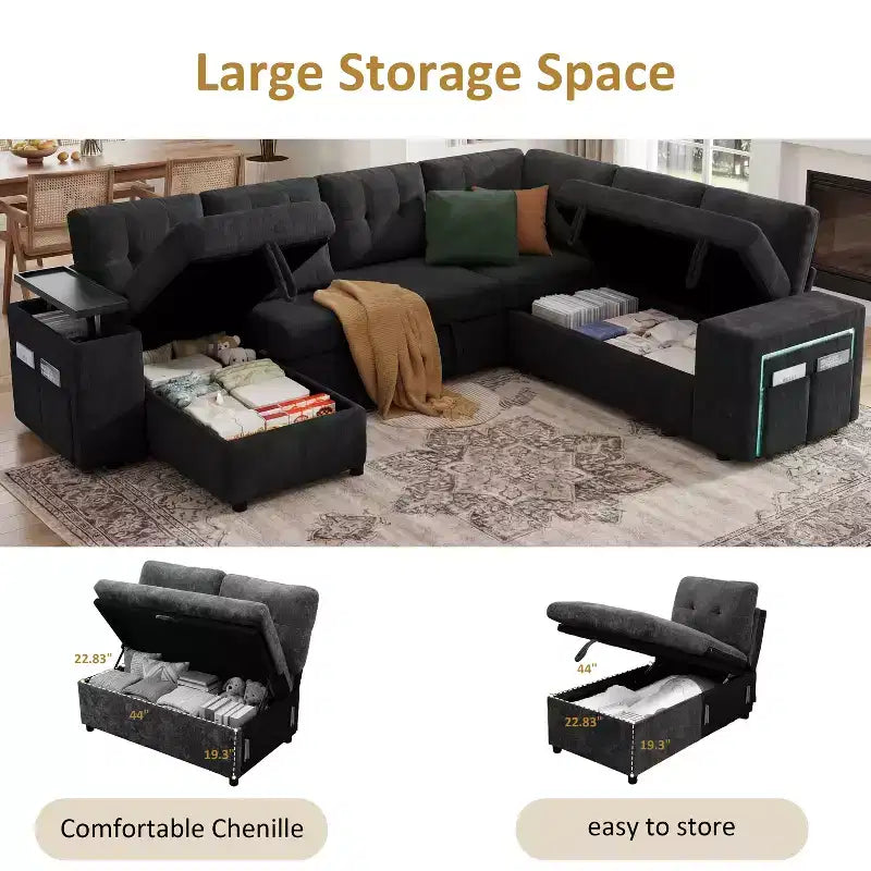 Dyonery 112 Modular Sectional Sleeper Sofa with Pull Out Bed,U-Shaped Sectional Couch with Storage,Extra Wide & Deep Seat Couches for Living Room
