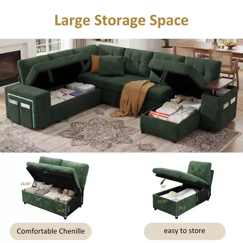 Dyonery 112 Modular Sectional Sleeper Sofa with Pull Out Bed,U-Shaped Sectional Couch with Storage,Extra Wide & Deep Seat Couches for Living Room