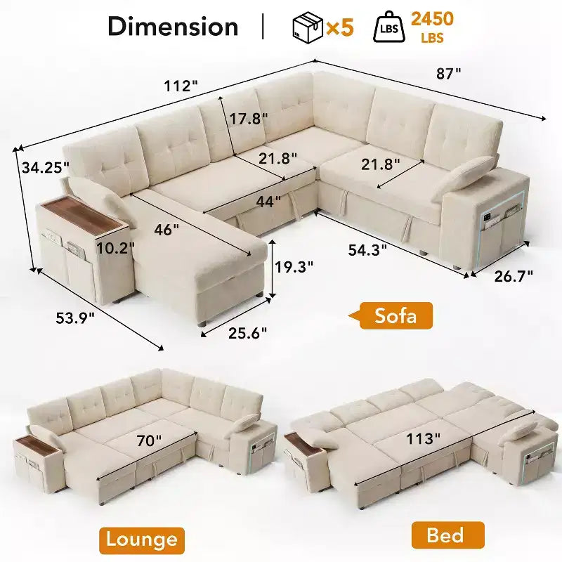 Dyonery 112 Modular Sectional Sleeper Sofa with Pull Out Bed,U-Shaped Sectional Couch with Storage,Extra Wide & Deep Seat Couches for Living Room