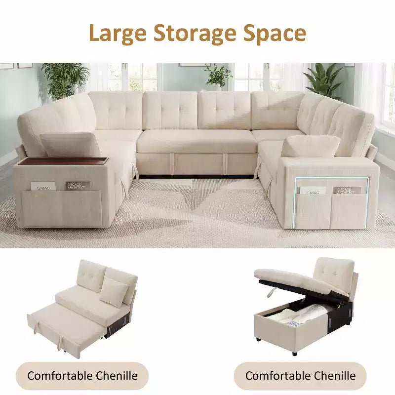 Dyonery 112 Modular Sectional Sleeper Sofa with Pull Out Bed,U-Shaped Sectional Couch with Storage,Extra Wide & Deep Seat Couches for Living Room