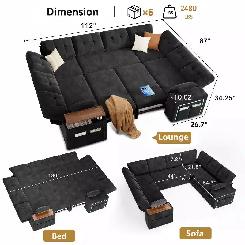 Dyonery 112 Modular Sectional Sleeper Sofa with Pull Out Bed,U-Shaped Sectional Couch with Storage,Extra Wide & Deep Seat Couches for Living Room