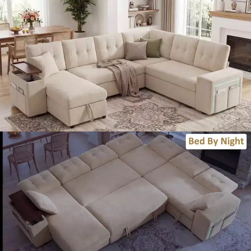 Dyonery 112 Modular Sectional Sleeper Sofa with Pull Out Bed,U-Shaped Sectional Couch with Storage,Extra Wide & Deep Seat Couches for Living Room