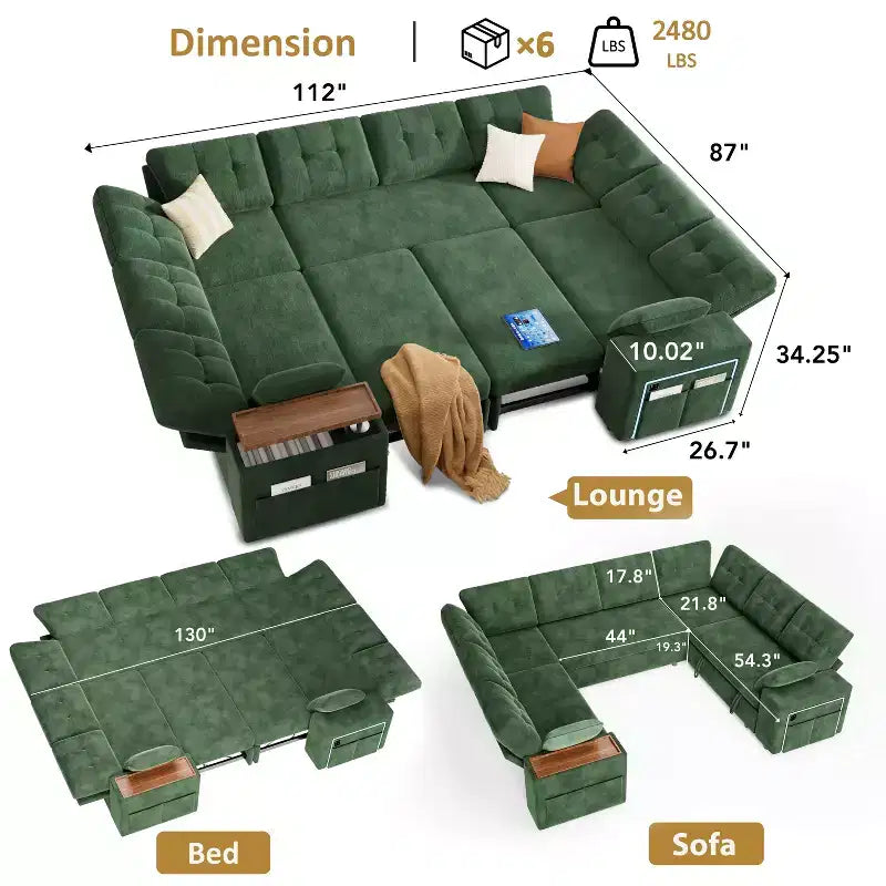 Dyonery 112 Modular Sectional Sleeper Sofa with Pull Out Bed,U-Shaped Sectional Couch with Storage,Extra Wide & Deep Seat Couches for Living Room