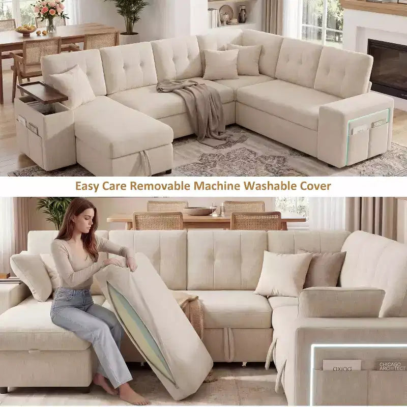 Dyonery 112 Modular Sectional Sleeper Sofa with Pull Out Bed,U-Shaped Sectional Couch with Storage,Extra Wide & Deep Seat Couches for Living Room
