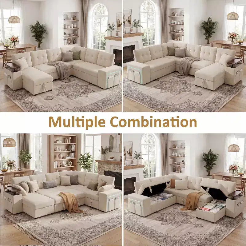 Dyonery 112 Modular Sectional Sleeper Sofa with Pull Out Bed,U-Shaped Sectional Couch with Storage,Extra Wide & Deep Seat Couches for Living Room