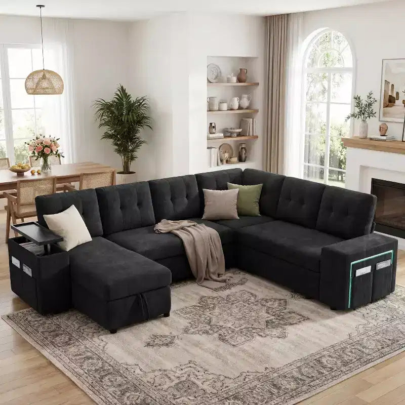 Sofá cama seccional modular Dyonery 112 con cama extraíble, sofá seccional en forma de U con almacenamiento, sofás de asiento extra ancho y profundo para sala de estar