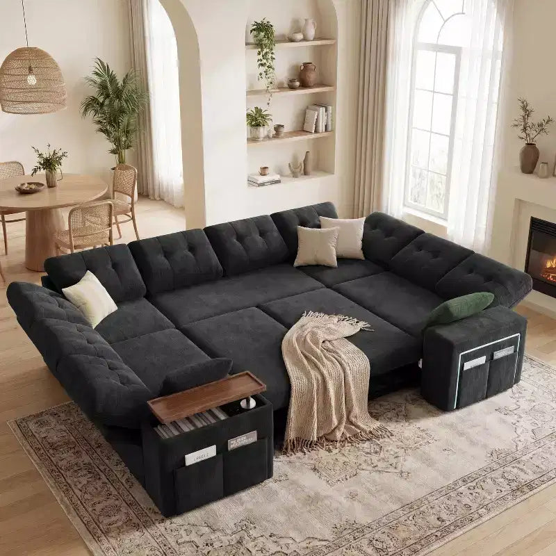 Sofá cama seccional modular Dyonery 112 con cama extraíble, sofá seccional en forma de U con almacenamiento, sofás de asiento extra ancho y profundo para sala de estar