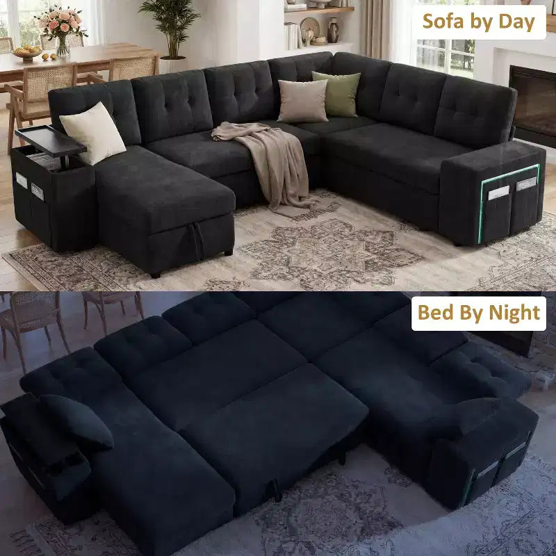 Dyonery 112 Modular Sectional Sleeper Sofa with Pull Out Bed,U-Shaped Sectional Couch with Storage,Extra Wide & Deep Seat Couches for Living Room