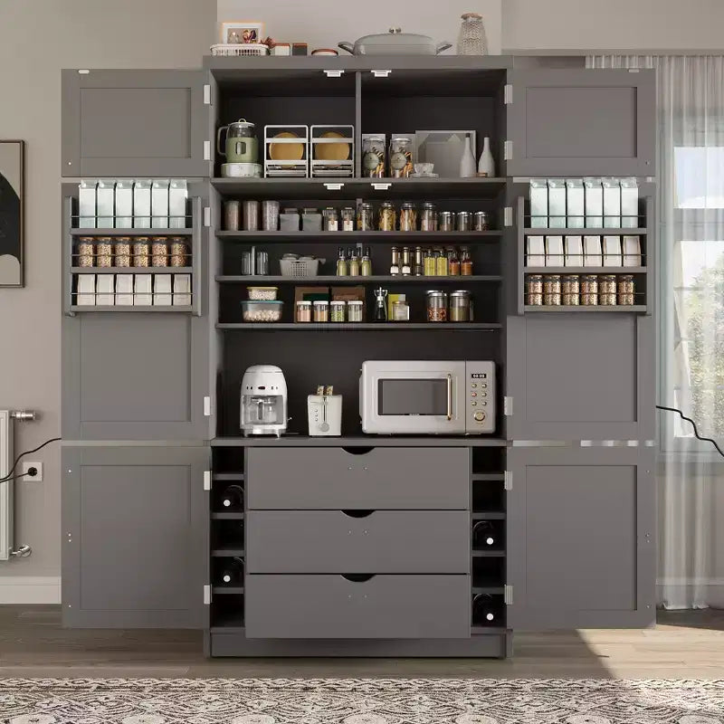 Mueble Despensa Alto de Cocina con Enchufes, Armario Grande Independiente con Soporte para Microondas, Cajones, Estantes, Botelleros y Estante en la Puerta