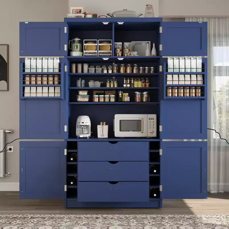 Mueble Despensa Alto de Cocina con Enchufes, Armario Grande Independiente con Soporte para Microondas, Cajones, Estantes, Botelleros y Estante en la Puerta