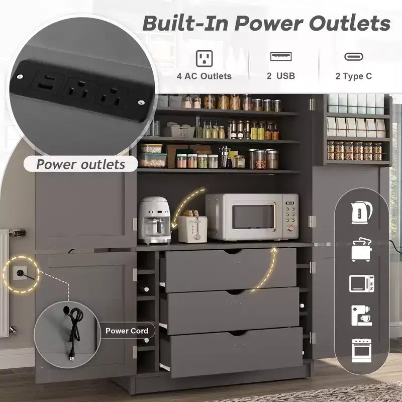 Mueble Despensa Alto de Cocina con Enchufes, Armario Grande Independiente con Soporte para Microondas, Cajones, Estantes, Botelleros y Estante en la Puerta