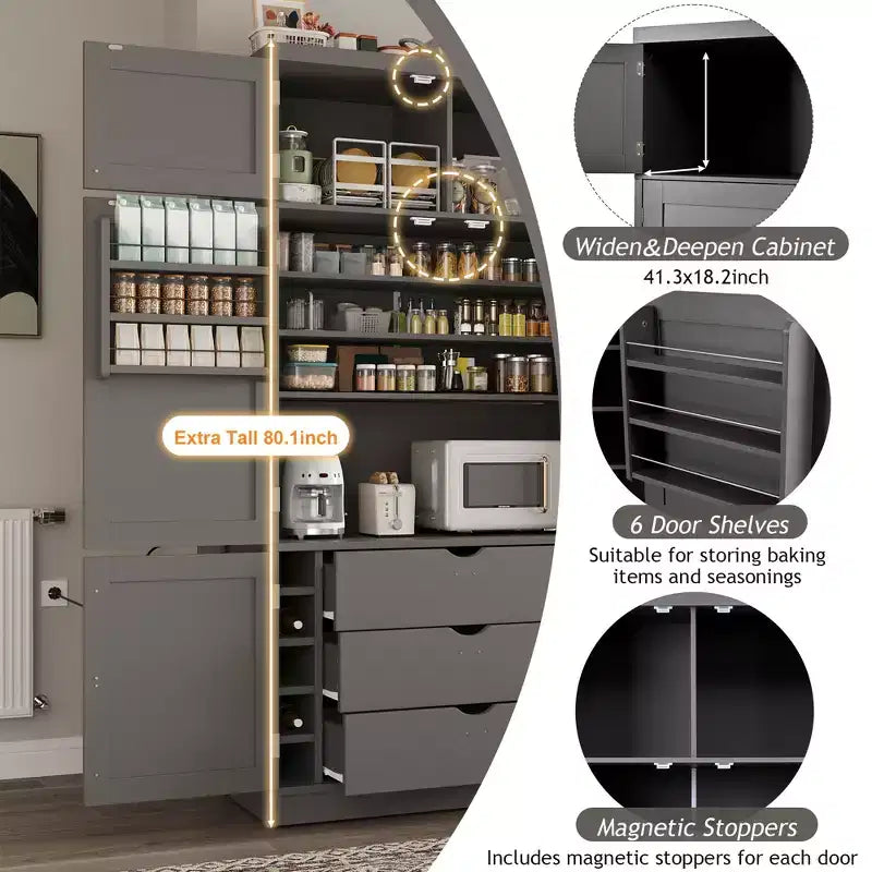 Mueble Despensa Alto de Cocina con Enchufes, Armario Grande Independiente con Soporte para Microondas, Cajones, Estantes, Botelleros y Estante en la Puerta